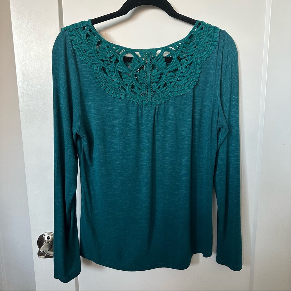 ANTHROPOLOGIE Bobbinlace Tee Knit Top Teal Crochet Lace Front Petite - Picture 6 of 6
